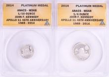 Set of 2014 Proof 1/10 & 1/4 oz Platinum JFK Apollo 11 Anniversary Medals ANACS MS68