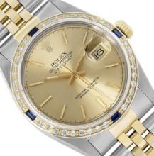 Rolex Mens Two Tone Sapphire and Diamond Datejust Wristwatch With Rolex Box