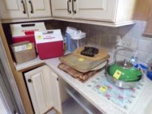 Group of Misc. Items on Counter - (2) Beverage Coolers, Cutting Boards, Piz