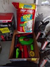 Box Of Misc Items-TapeMeasures,Flashlight, Stud Finder, Bag Of Shop Towels