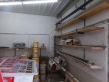 Contents of 2 Shelves on Back Wall and Side Wall, Lumber, Steel, Empty Tool