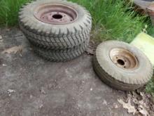 (3) Garden Tractor Tire & Rims, (2) 6-12, 5-Lug Loaded (1) 5.70-8,4-Lug (Ba