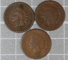 1869, 1873 open 3 & 1873 closed 3 Indian cents (3 coins total).