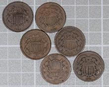 1864-1867, 1869 & 1871 Two cents (6 pieces total).