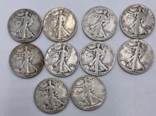 1938 & 1940-1947 all "P" & 1946D Walking Liberty Silver half dollars (10 pieces total).