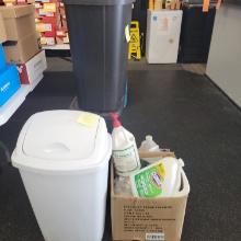 GARBAGE CANS & ASSORTED CLEANING SUPPLIES