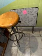 adjustable, wooden barstool and vintage TV tray