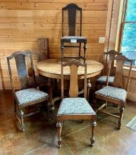 Round Wood Table with Leaves and Floral Seat Chairs