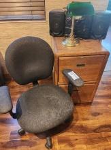 Office Chair, Wood File Cabinet, Lamp, And Stereo