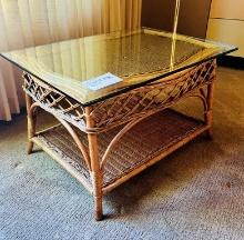 Glass Topped Rattan And Bamboo Two Tier Table