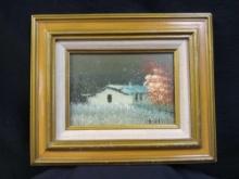Vintage Oil on Board Painting, Signed, Winter Scene