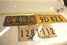 3 Vintage Pennsylvania & New York License Plates