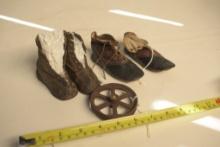 2 Pairs of Antique Leather Baby Shoes and Antique Steel Toy Wheel