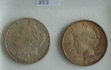 1900-O Morgan Dollar. 1924 Peace Dollar.