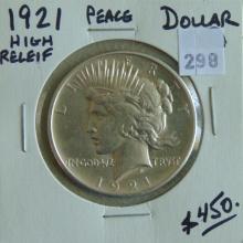 1921 Peace Dollar VF (cleaned, high relief).