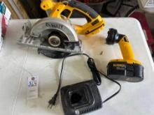 DeWalt saw, flashlight,