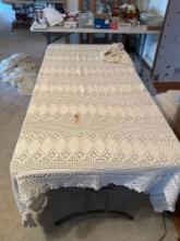 Chenille Bedspread, Crocheted Tablecloth (small stain)