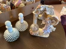 Hobnail Perfume Bottles, Vintage Westmorland...amber orange milk glass with open lace 3 kitten cat