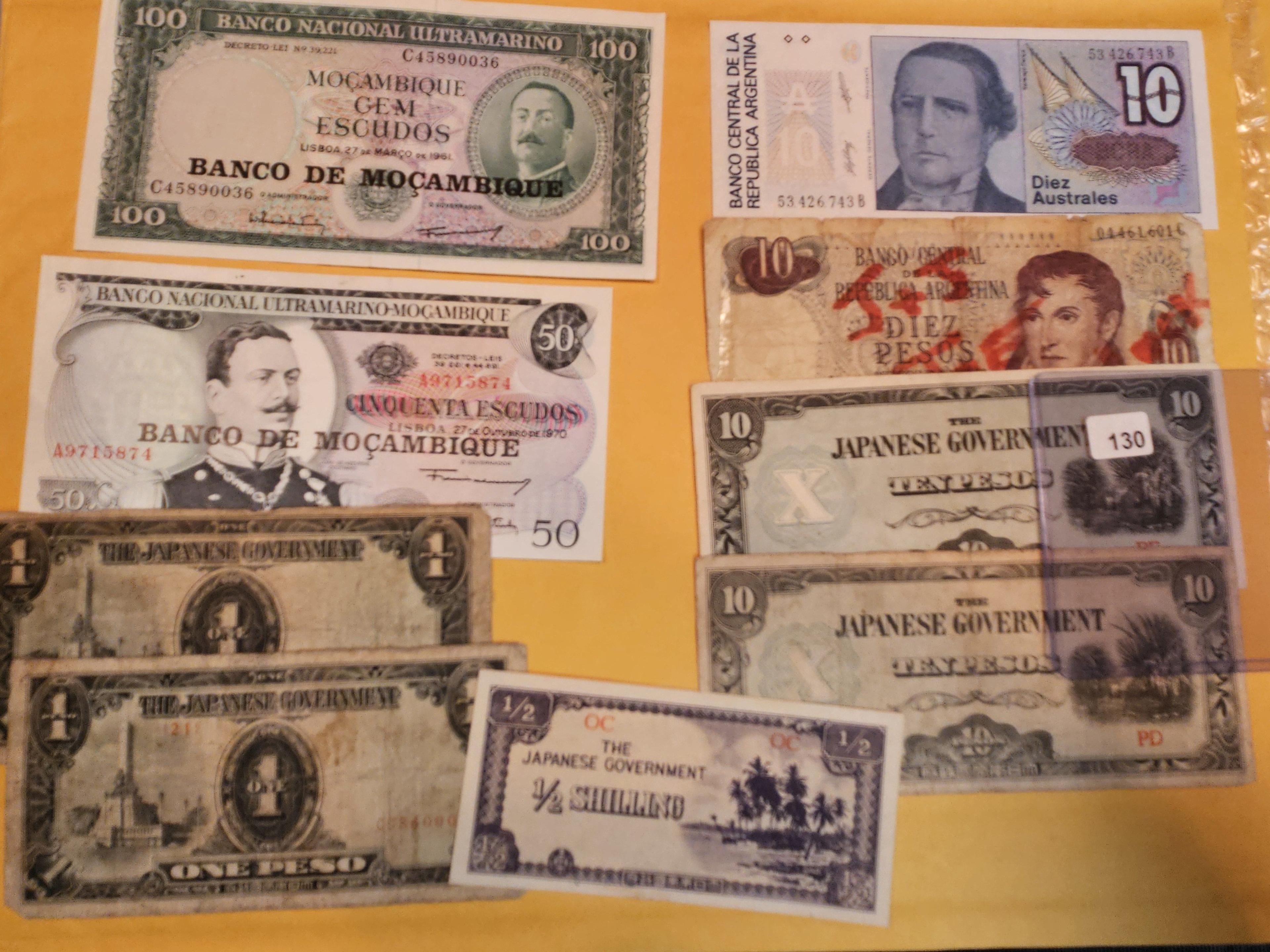 Nine mixed pieces of World Currency