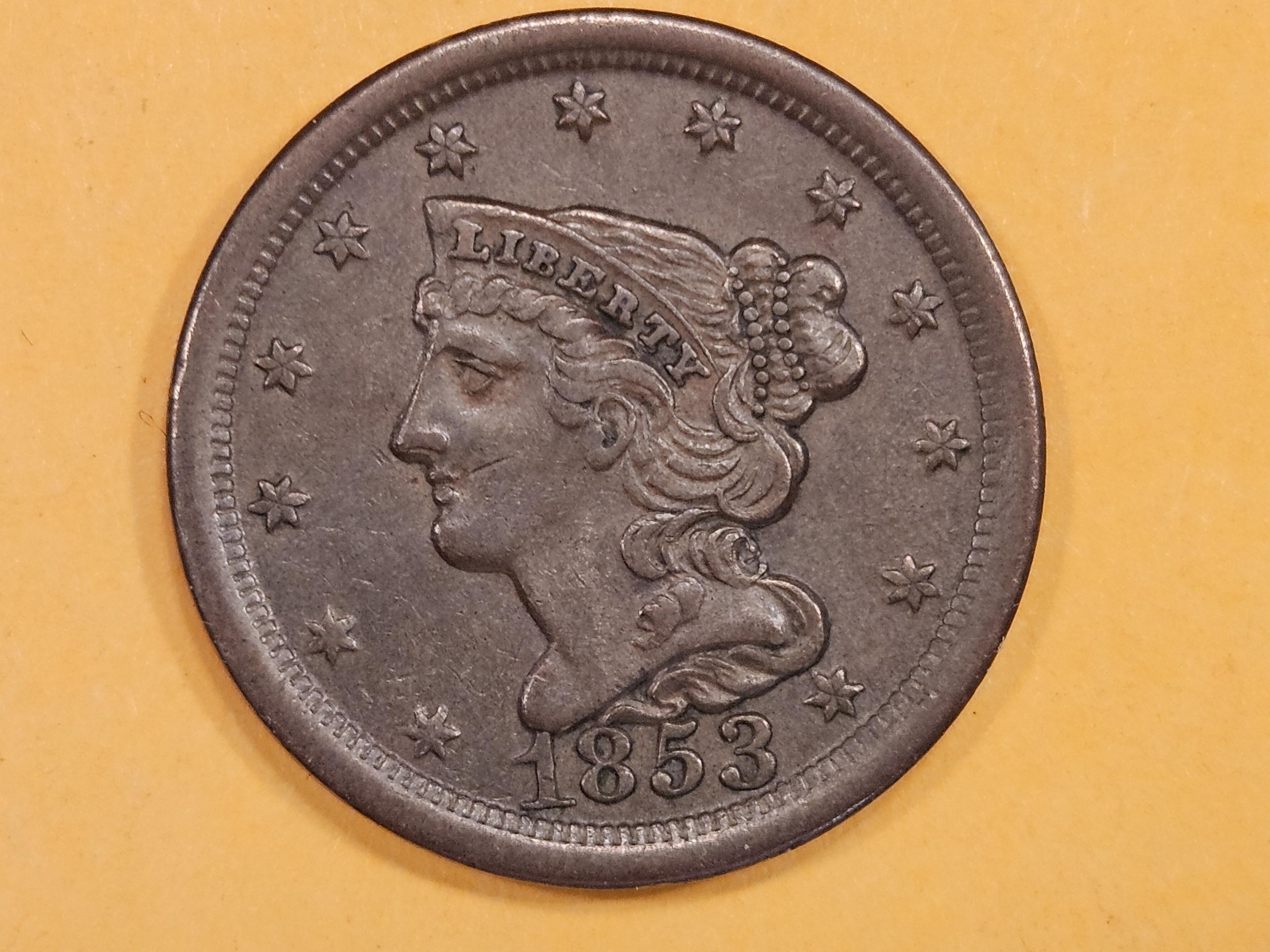 1853 Braided Hair Half-Cent in Choice About Uncirculated plus