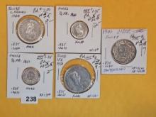 Five silver coins from Switzerland