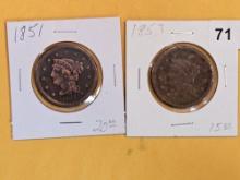 1851 and 1853 Braided Hair large Cents