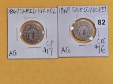 1867 and 1868 Shield Nickels