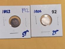 1853 and 1854 Three Cent Silver Trimes