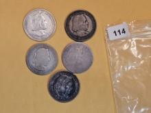 Five mixed silver half dollars