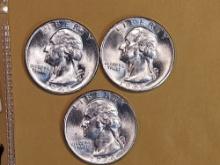 Three Very Choice to GEM Brilliant Uncirculated silver Washington Quarters