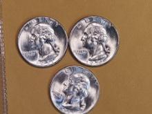 Three Very Choice Brilliant Uncirculated silver Washington Quarters