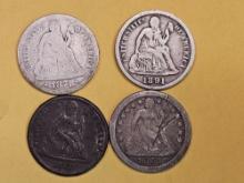 Four Seated Liberty Dimes in Good to Very Fine