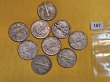 Ten mixed silver Walking Liberty Half Dollars