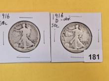 1916 and 1916-D Obv mintmark Walking Liberty Half Dollar