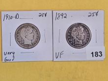 Two Better Date 1910-D and 1892 Barber Quarters