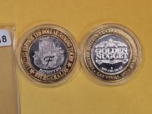 Two Ten Dollar .999 fine silver proof Casino Gaming Tokens