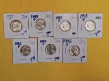 Seven Brilliant silver wartime Jefferson Nickels