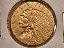 GOLD! Brilliant About Uncirculated plus 1912 Indian $2.5 Dollars