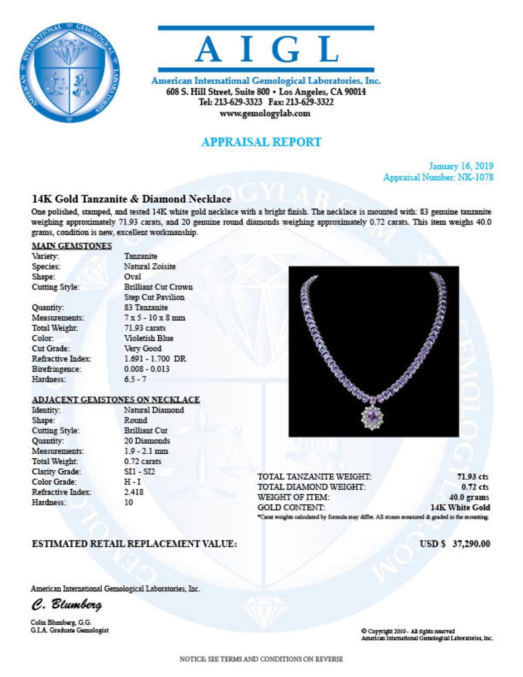 14K White Gold 71.93ct Tanzanite and 0.72ct Diamond Necklace