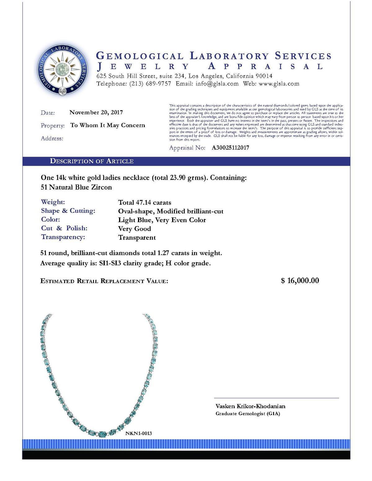 14k White Gold 47.14ct Blue Zircon 1.27ct Diamond Necklace