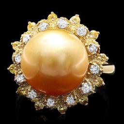 14K Yellow Gold 12mm South Sea Pearl 0.43ct Sapphire and 0.39ct Diamond Ring