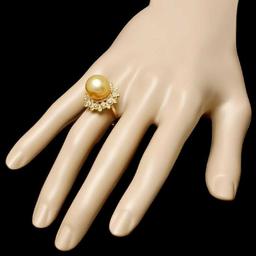 14K Yellow Gold 12mm South Sea Pearl 0.43ct Sapphire and 0.39ct Diamond Ring