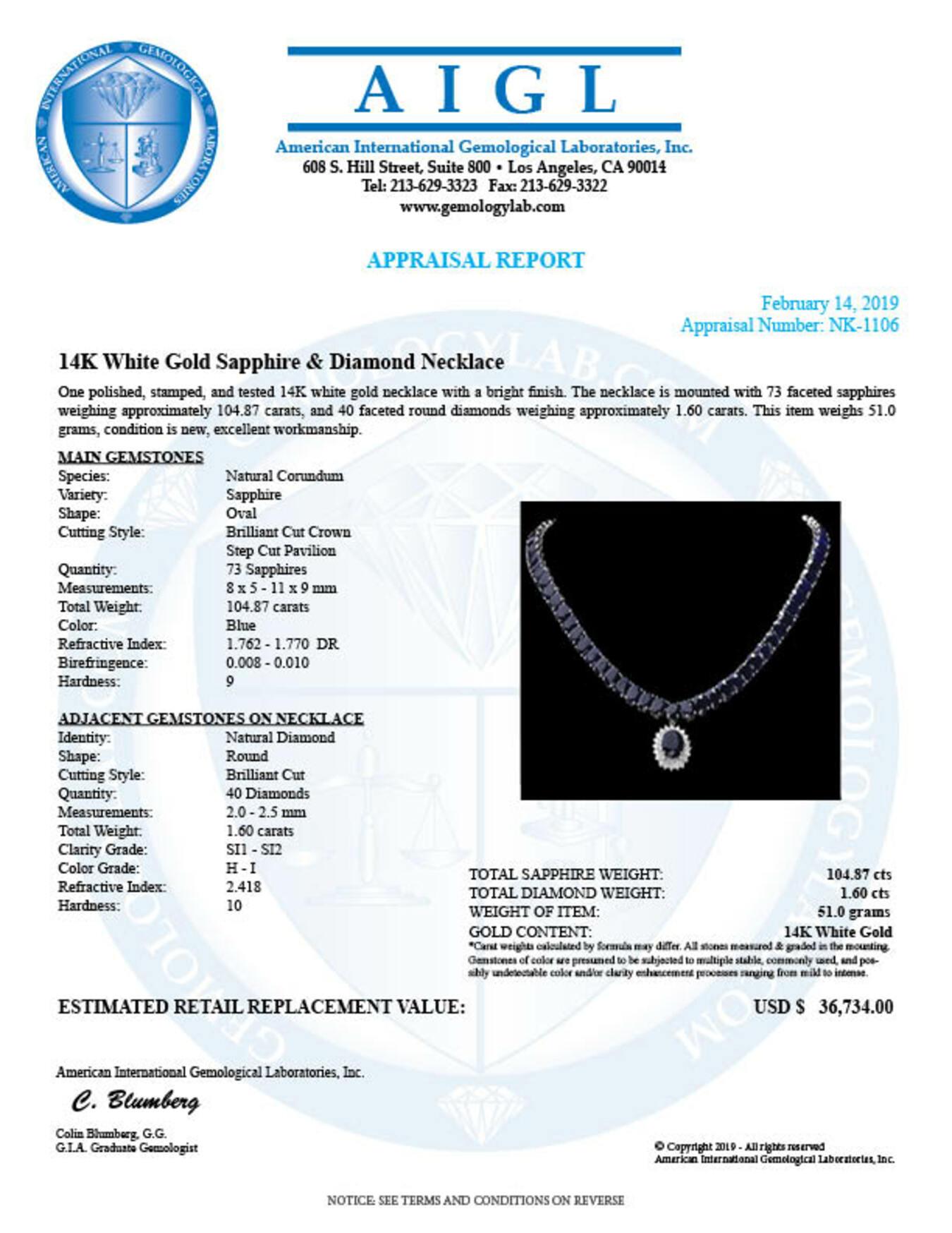 14K White Gold 104.87ct Sapphire and 1.60ct Diamond Necklace