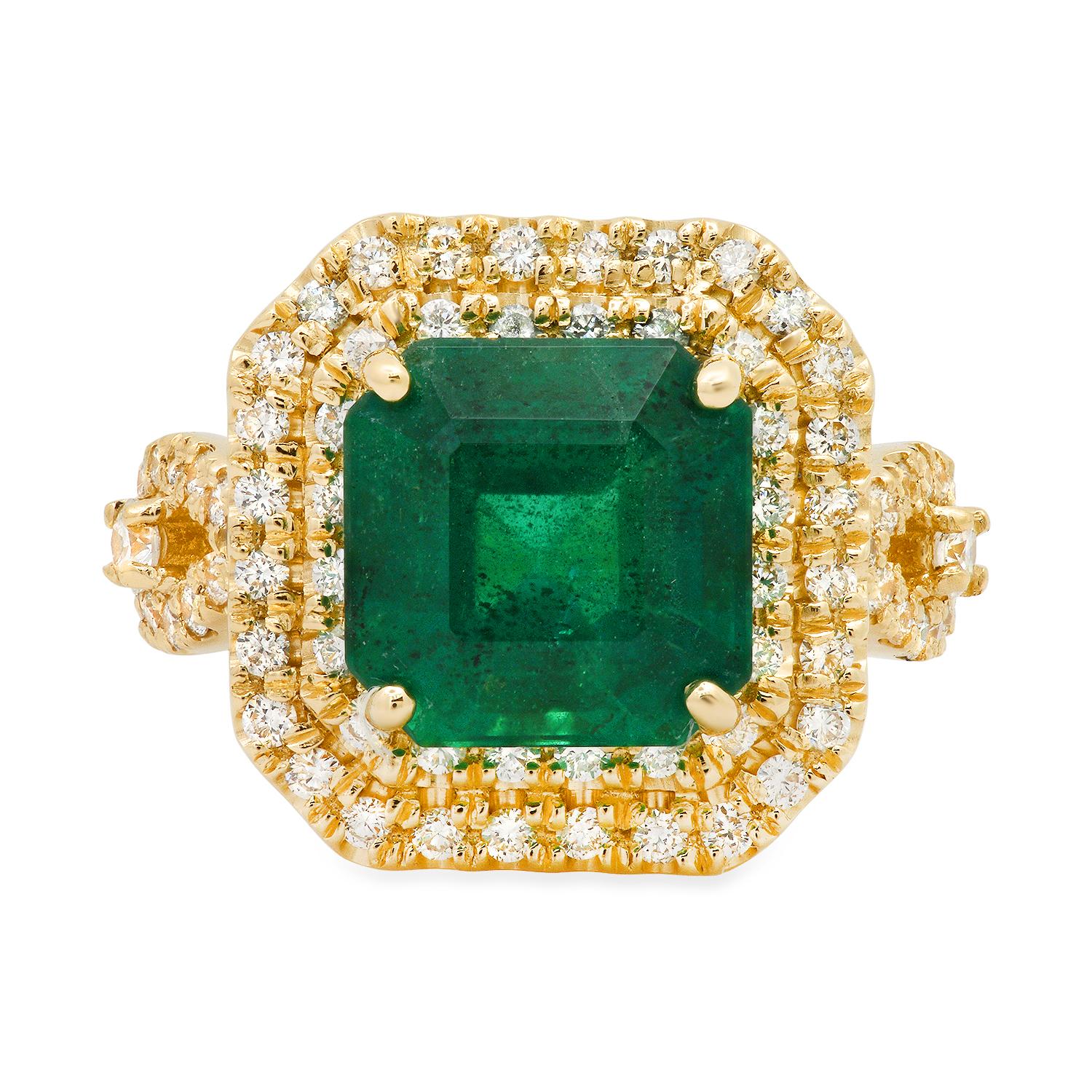 14K Yellow Gold 6.00ct Emerald and 1.08ct Diamond Ring