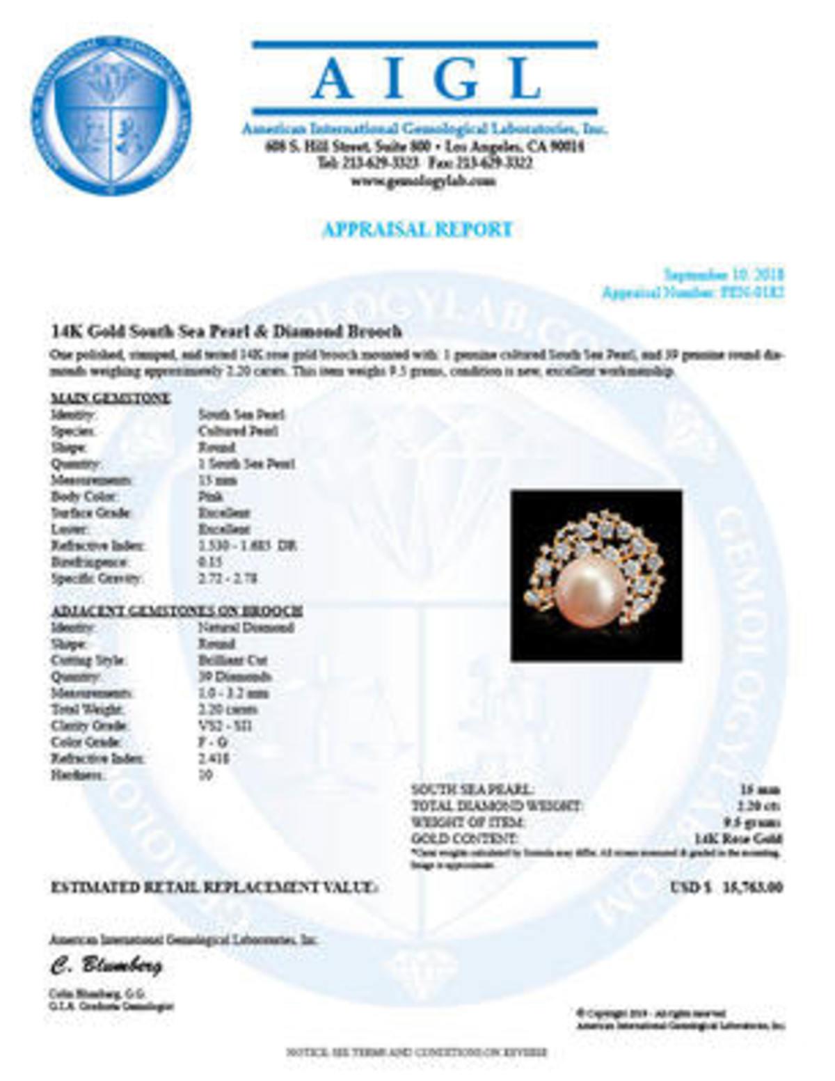14k Rose Gold 15mm South Sea Pearl 2.20ct Diamond Brooch