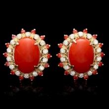 14K Yellow Gold 7.84ct Coral 0.76ct Sapphire and 0.78ct Diamond Earrings