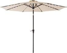 FLAME&SHADE 11' Solar Powered Market Patio Table Umbrella w/LED Lights & Tilt, Beige, Retail $140