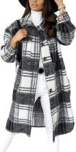 PUWEI Women's Long Flannel Plaid Jacket Shacket Cozy Lapel Button Down Shirt Jacket, $34.99 MSRP