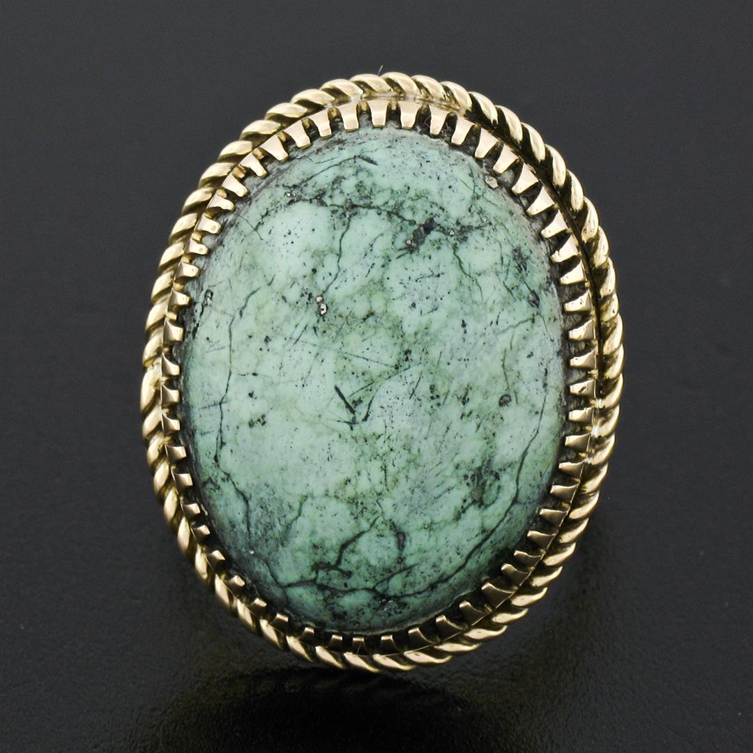Vintage 14k Yellow Gold Large Oval Cabochon Turquoise Solitaire Cocktail Ring