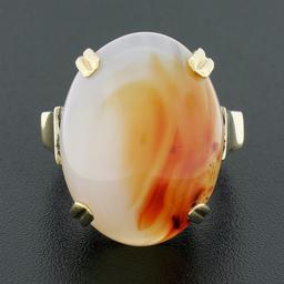 Antique 14k Gold Oval Cabochon Orange White Banded Agate Solitaire Cocktail Ring